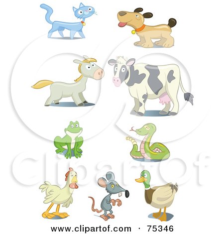 Royalty-Free (RF) Clipart Illustration of a Digital Collage Of A Cat, Dog, Horse, Cow, Frog, Snake, Rooster, Mouse And Mallard by Frisko