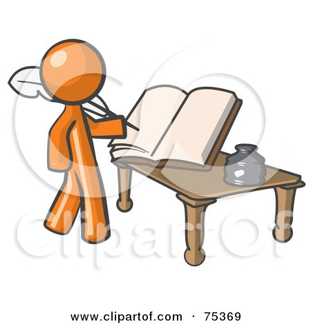 Royalty-Free (RF) Clipart Illustration of an Orange Man Author Writing History On Blank Pages Of A Book by Leo Blanchette