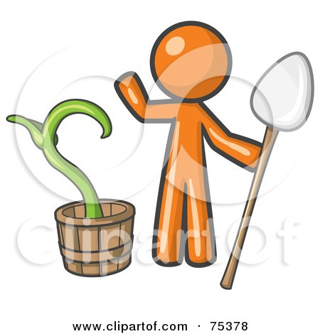 Royalty-Free (RF) Clipart Illustration of an Orange Man Holding A Shovel By A Potted Plant by Leo Blanchette