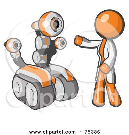 Royalty-Free (RF) Clipart Illustration of an Orange Man Inventor With A Rover Robot by Leo Blanchette