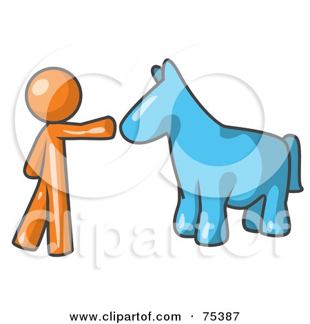 Royalty-Free (RF) Clipart Illustration of an Orange Man Petting A Blue Horse by Leo Blanchette
