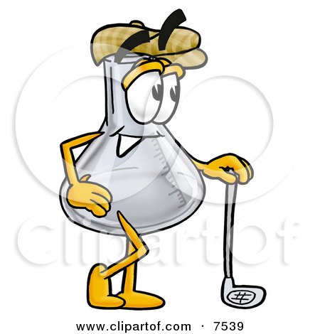 Clipart Picture of an Erlenmeyer Conical Laboratory Flask Beaker Mascot Cartoon Character Leaning on a Golf Club While Golfing by Mascot Junction