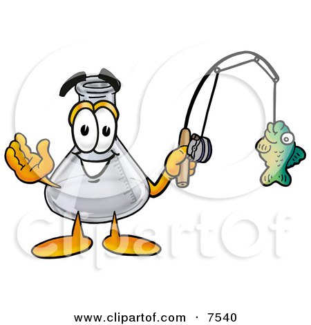 Clipart Picture of an Erlenmeyer Conical Laboratory Flask Beaker Mascot Cartoon Character Holding a Fish on a Fishing Pole by Mascot Junction