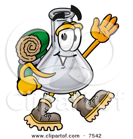 Clipart Picture of an Erlenmeyer Conical Laboratory Flask Beaker Mascot Cartoon Character Hiking and Carrying a Backpack by Mascot Junction
