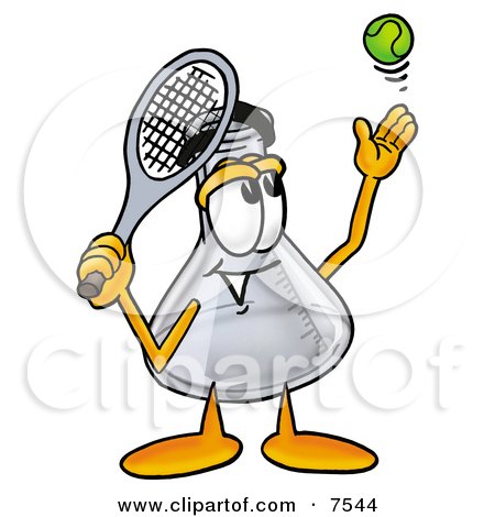 Clipart Picture of an Erlenmeyer Conical Laboratory Flask Beaker Mascot Cartoon Character Preparing to Hit a Tennis Ball by Mascot Junction