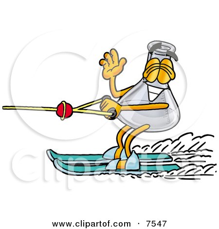 Clipart Picture of an Erlenmeyer Conical Laboratory Flask Beaker Mascot Cartoon Character Waving While Water Skiing by Mascot Junction