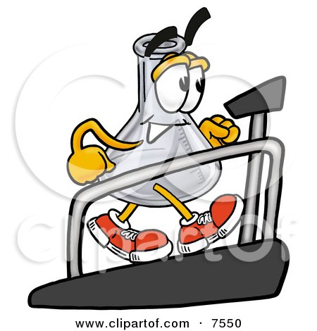 Clipart Picture of an Erlenmeyer Conical Laboratory Flask Beaker Mascot Cartoon Character Walking on a Treadmill in a Fitness Gym by Mascot Junction