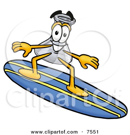 Clipart Picture of an Erlenmeyer Conical Laboratory Flask Beaker Mascot Cartoon Character Surfing on a Blue and Yellow Surfboard by Mascot Junction