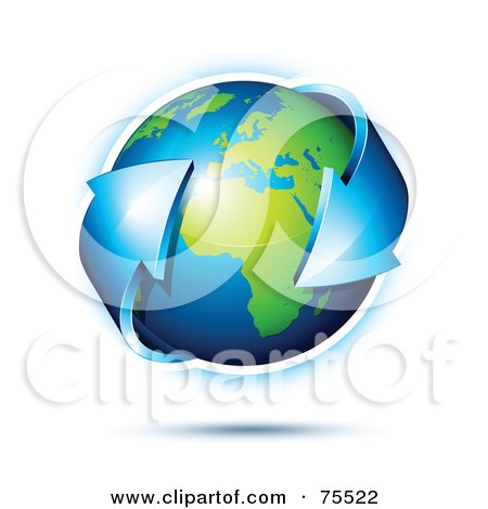 Royalty-Free (RF) Clipart Illustration of a 3d Double Ended Blue Arrow Around A Green And Blue Shiny Planet Earth by beboy