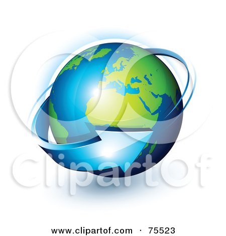 Royalty-Free (RF) Clip Art Illustration of a 3d Blue Arrow Around A Green And Blue Shiny Planet Earth by beboy