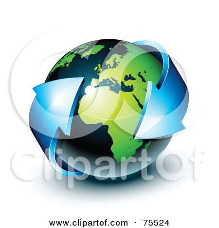 Royalty-Free (RF) Clipart Illustration of a 3d Double Ended Blue Arrow Around A Green And Navy Blue Shiny Planet Earth by beboy