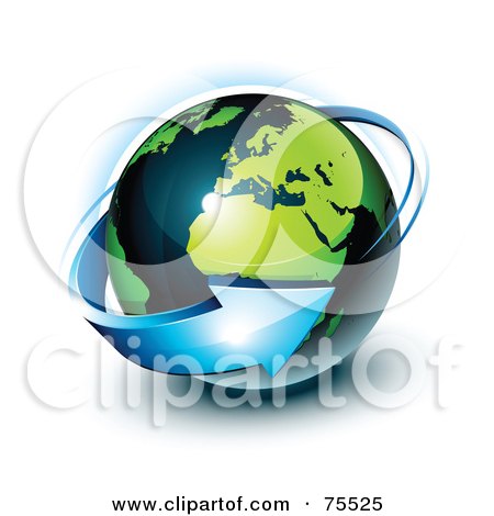 Royalty-Free (RF) Clipart Illustration of a 3d Blue Arrow Around A Green And Navy Blue Shiny Planet Earth by beboy