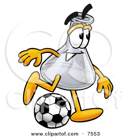 Clipart Picture of an Erlenmeyer Conical Laboratory Flask Beaker Mascot Cartoon Character Kicking a Soccer Ball by Mascot Junction