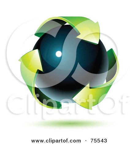 Royalty-Free (RF) Clipart Illustration of Three 3d Green Recycle Arrows Around A Black Orb by beboy