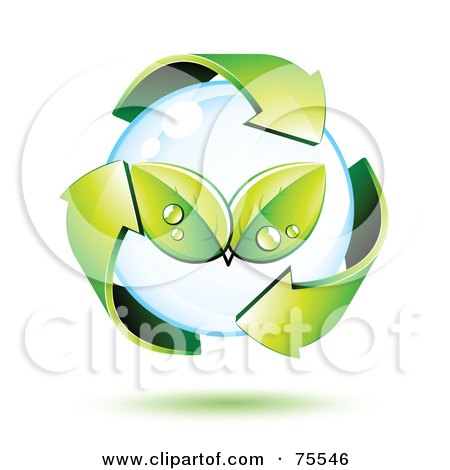 Royalty-Free (RF) Clipart Illustration of 3d Green Recycle Arrows Around A Dewy Leaf Bubble by beboy