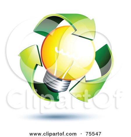 Royalty-Free (RF) Clipart Illustration of Three 3d Green Recycle Arrows Around A Yellow Light Bulb by beboy