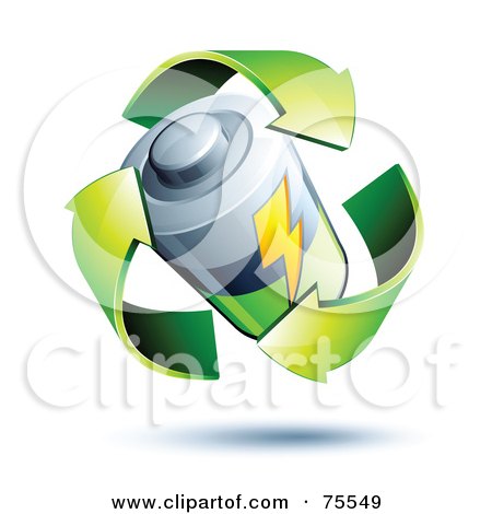 Royalty-Free (RF) Clipart Illustration of Three 3d Green Recycle Arrows Around A Battery by beboy
