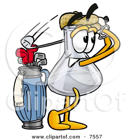 Clipart Picture of an Erlenmeyer Conical Laboratory Flask Beaker Mascot Cartoon Character Swinging His Golf Club While Golfing by Mascot Junction