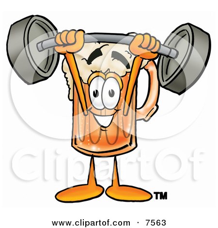 Clipart Picture of a Beer Mug Mascot Cartoon Character Holding a Heavy Barbell Above His Head by Mascot Junction