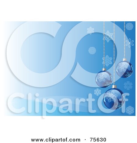 Royalty-Free (RF) Clipart Illustration of a Blue Background With Faint Waves, Snowflakes And Blue Christmas Bulbs by Pushkin