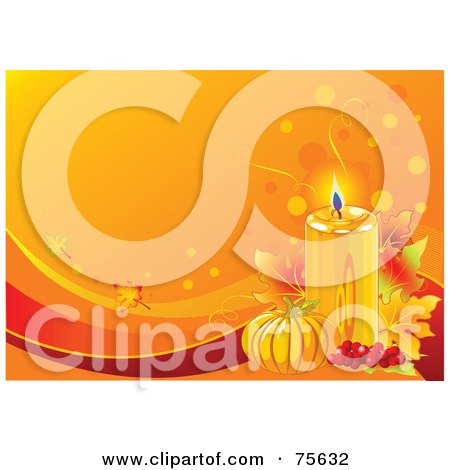 Royalty-Free (RF) Clipart Illustration of a Lit Candle With Berries, Leaves And A Pumpkin On An Orange Thanksgiving Background by Pushkin