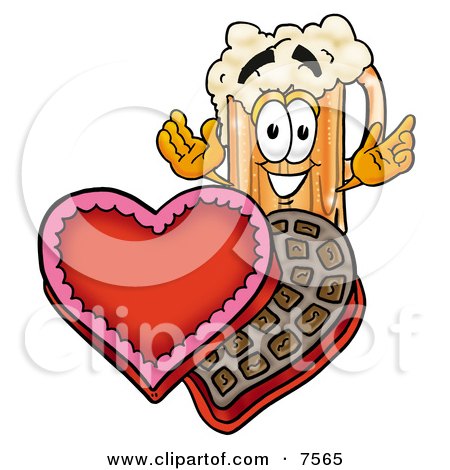 Clipart Picture of a Beer Mug Mascot Cartoon Character With an Open Box of Valentines Day Chocolate Candies by Mascot Junction