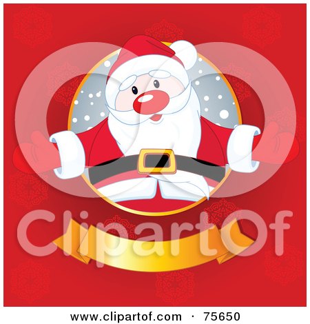 Royalty-Free (RF) Clipart Illustration of a Jolly Santa Welcoming From A Circle Above A Golden Banner On A Red Snowflake Background by Pushkin