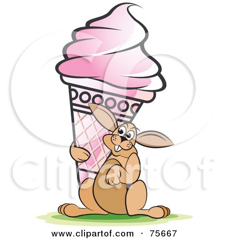 Royalty-Free (RF) Clipart Illustration of a Happy Hare Carrying A Giant Strawberry Ice Cream Cone by Lal Perera