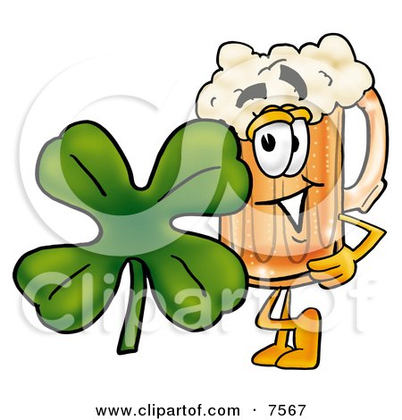 Clipart Picture of a Beer Mug Mascot Cartoon Character With a Green Four Leaf Clover on St Paddy's or St Patricks Day by Mascot Junction