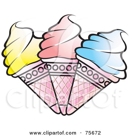 Royalty-Free (RF) Clipart Illustration of Three Yellow, Pink And Blue Frozen Yogurt Ice Cream Cones by Lal Perera