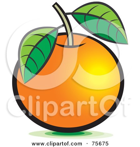 Royalty-Free (RF) Clipart Illustration of a Shiny Navel Orange With A Stem And Leaves by Lal Perera