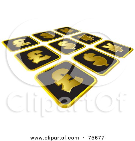 Royalty-Free (RF) Clipart Illustration of Gold And Black Pound, Dollar And Yen Currency Tiles by Lal Perera