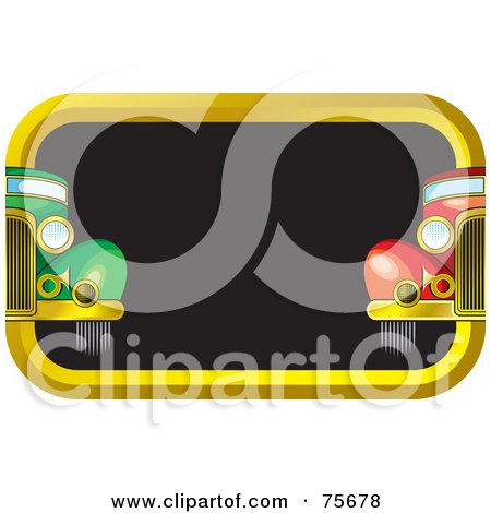 Royalty-Free (RF) Clipart Illustration of a Blank Black And Gold License Plate Sign With Red And Green Retro Cars by Lal Perera