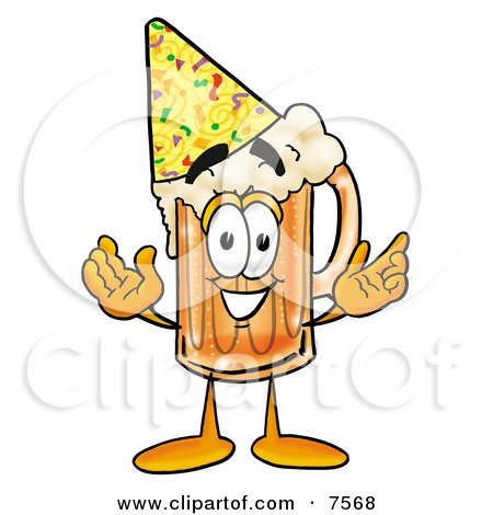 Clipart Picture of a Beer Mug Mascot Cartoon Character Wearing a Birthday Party Hat by Mascot Junction