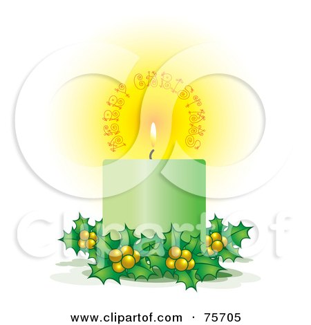 Royalty-Free (RF) Clipart Illustration of a Glowing Green Merry Christmas Candle With Holly by Lal Perera