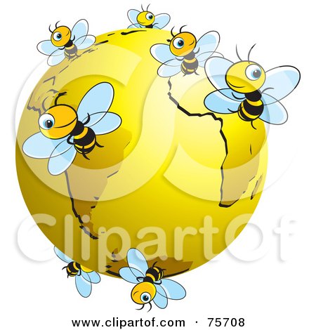 Royalty-Free (RF) Clipart Illustration of Busy Bees Flying Around A Gold Globe by Lal Perera