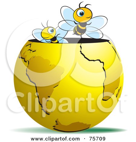 Royalty-Free (RF) Clipart Illustration of Two Happy Bees Emerging From A Gold Globe by Lal Perera