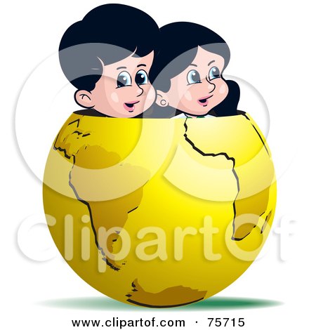 Royalty-Free (RF) Clipart Illustration of a Boy And Girl Peeking Out Of A Gold Globe by Lal Perera