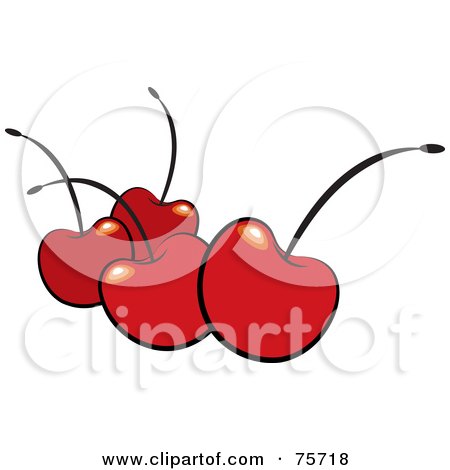 Royalty-Free (RF) Clipart Illustration of Four Red Shiny Bing Cherries With Black Stems by Lal Perera