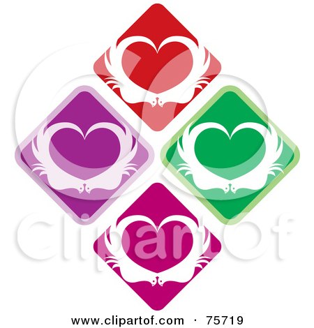 Royalty-Free (RF) Clipart Illustration of a Diamond Of Four Colorful Diamonds With Birds Forming Hearts by Lal Perera