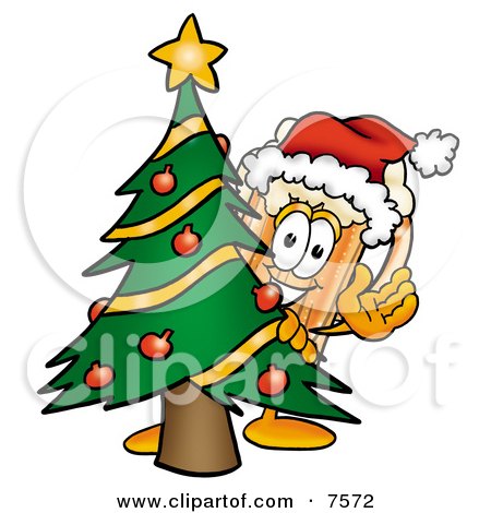 Clipart Picture of a Beer Mug Mascot Cartoon Character Waving and Standing by a Decorated Christmas Tree by Mascot Junction