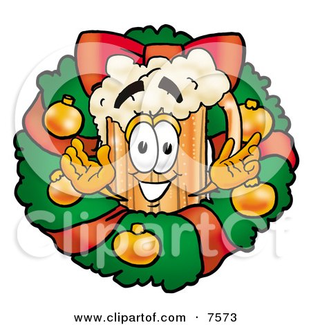 Clipart Picture of a Beer Mug Mascot Cartoon Character in the Center of a Christmas Wreath by Mascot Junction