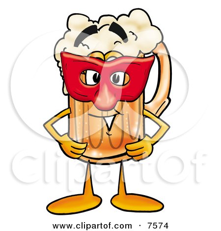 Clipart Picture of a Beer Mug Mascot Cartoon Character Wearing a Red Mask Over His Face by Mascot Junction