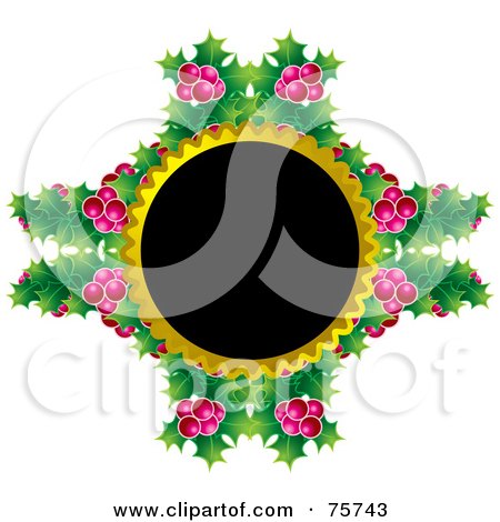 Royalty-Free (RF) Clipart Illustration of a Black Circle With Gold Trim And Holly by Lal Perera