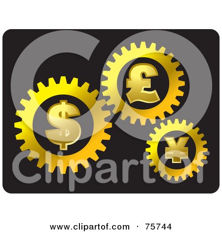 Royalty-Free (RF) Clipart Illustration of Golden Dollar, Pound And Yen Currency Cogwheels Working Together by Lal Perera