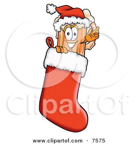 Clipart Picture of a Beer Mug Mascot Cartoon Character Wearing a Santa Hat Inside a Red Christmas Stocking by Mascot Junction