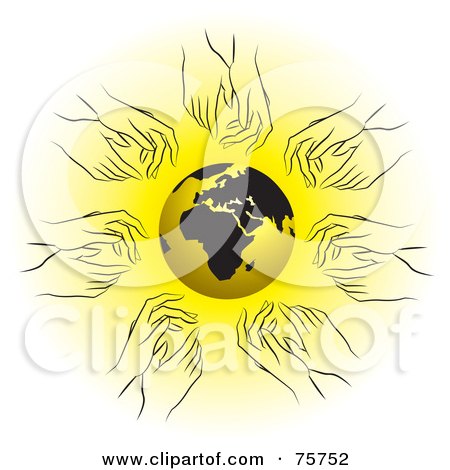 Royalty-Free (RF) Clipart Illustration of Hands Reaching For A Gold And Black Globe by Lal Perera