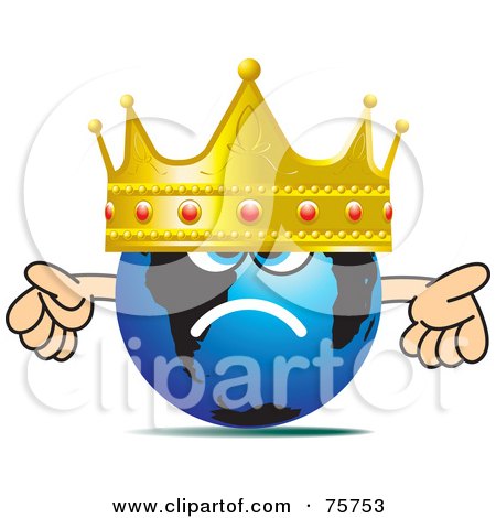 Royalty-Free (RF) Clipart Illustration of a Blue Globe Face Wearing A Large Gold And Ruby Crown by Lal Perera