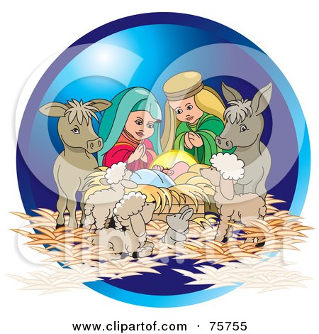 Royalty-Free (RF) Clipart Illustration of a Nativity Scene Of Animals, Mary, And Joseph Watching Baby Jesus by Lal Perera