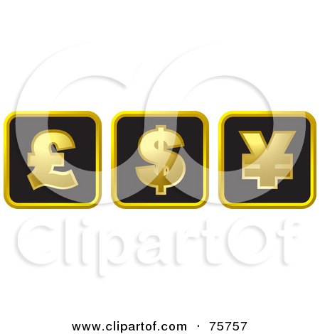 Royalty-Free (RF) Clipart Illustration of a Digital Collage Of Black And Gold Pound, Dollar And Yellow Currency Symbol Boxes by Lal Perera